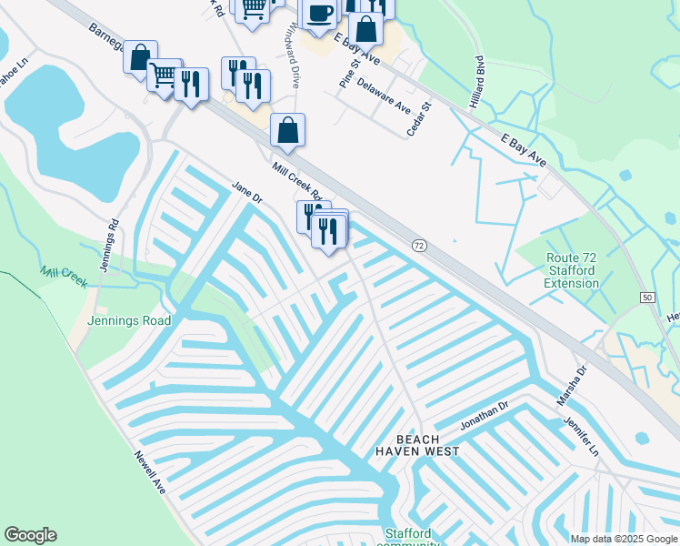map of restaurants, bars, coffee shops, grocery stores, and more near 11 Charles Boulevard in Manahawkin
