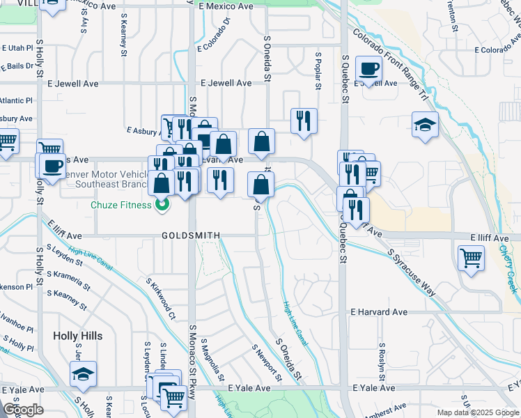 map of restaurants, bars, coffee shops, grocery stores, and more near 2250 South Oneida Street in Denver
