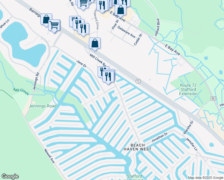 map of restaurants, bars, coffee shops, grocery stores, and more near 11 Charles Boulevard in Manahawkin