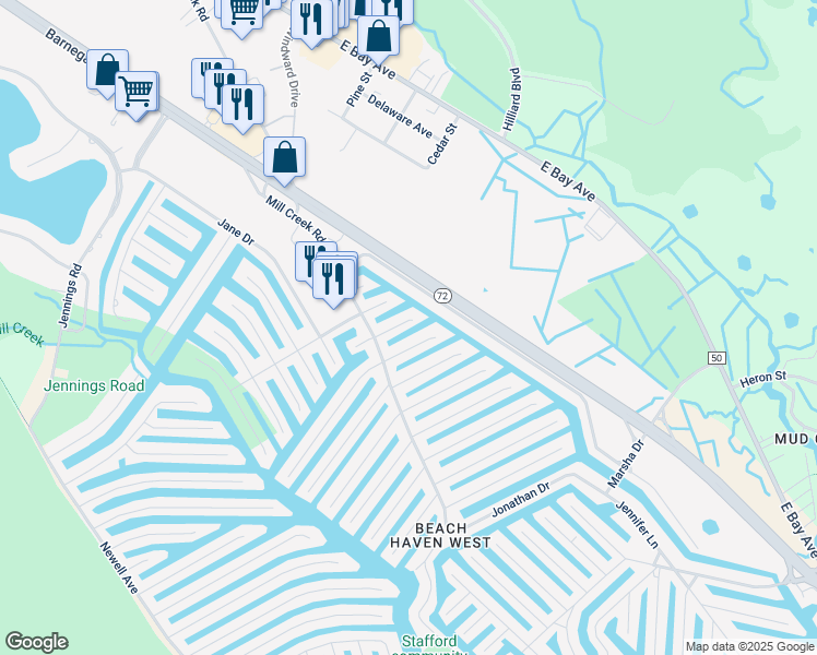 map of restaurants, bars, coffee shops, grocery stores, and more near 29 Lillian Drive in Stafford Township