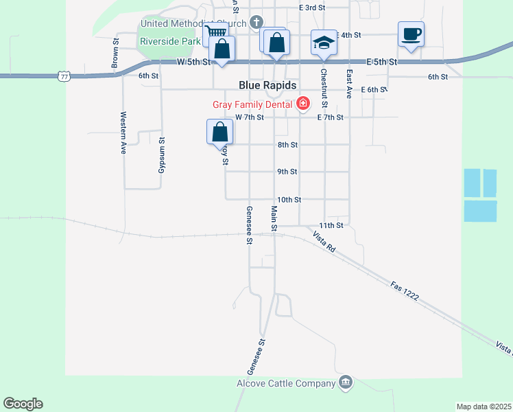 map of restaurants, bars, coffee shops, grocery stores, and more near 10th Street in Blue Rapids