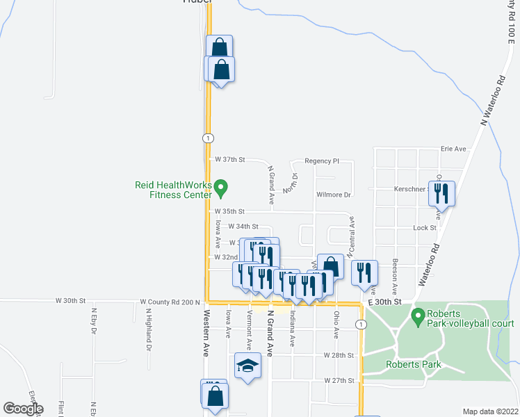map of restaurants, bars, coffee shops, grocery stores, and more near 506 West 35th Street in Connersville
