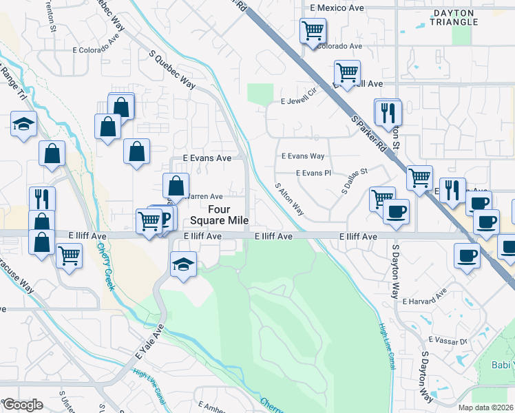 map of restaurants, bars, coffee shops, grocery stores, and more near 2205 South Yosemite Circle in Denver