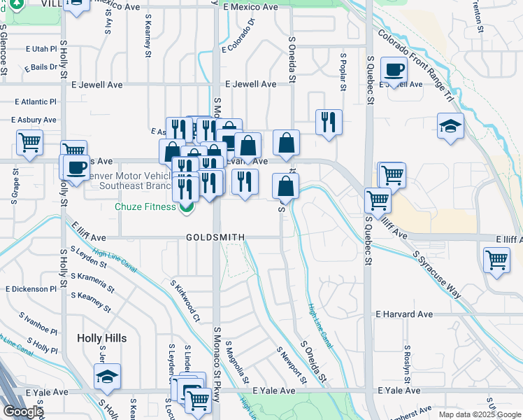 map of restaurants, bars, coffee shops, grocery stores, and more near Memorial Way in Denver