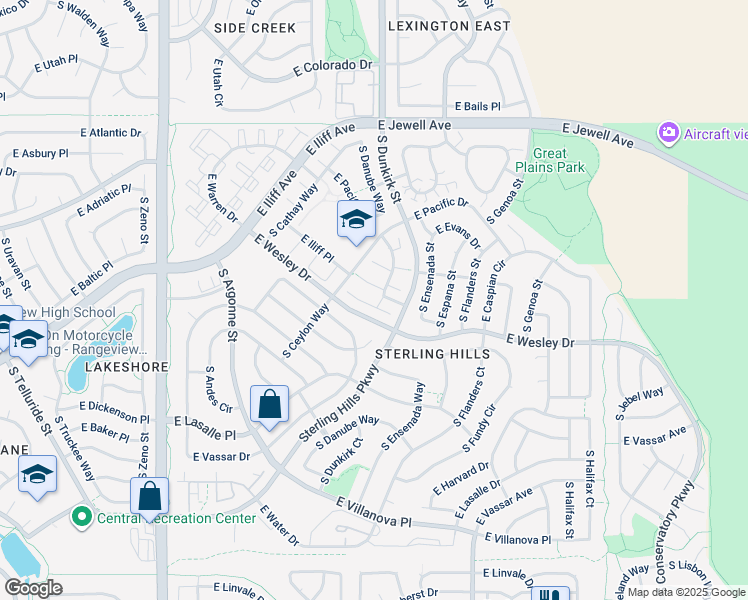 map of restaurants, bars, coffee shops, grocery stores, and more near 19256 East Baltic Place in Aurora