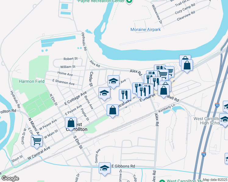 map of restaurants, bars, coffee shops, grocery stores, and more near 510 East Pease Avenue in Dayton