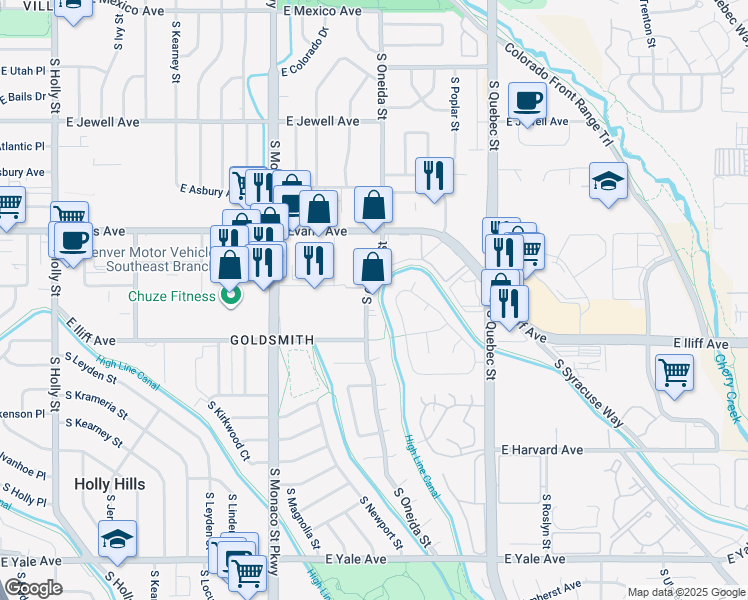 map of restaurants, bars, coffee shops, grocery stores, and more near 2250 South Oneida Street in Denver