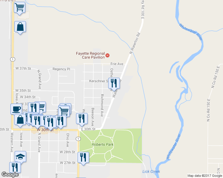 map of restaurants, bars, coffee shops, grocery stores, and more near 3217 Ostheimer Avenue in Connersville
