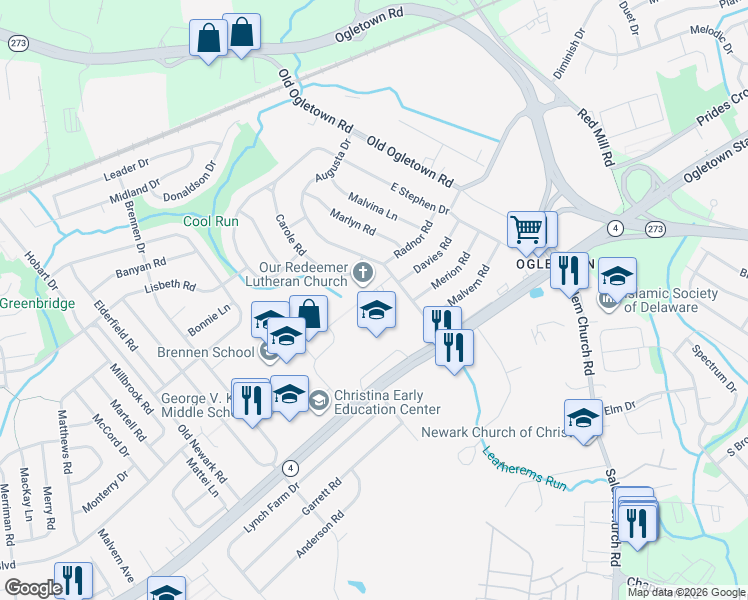 map of restaurants, bars, coffee shops, grocery stores, and more near 9 Johnson Road in Newark