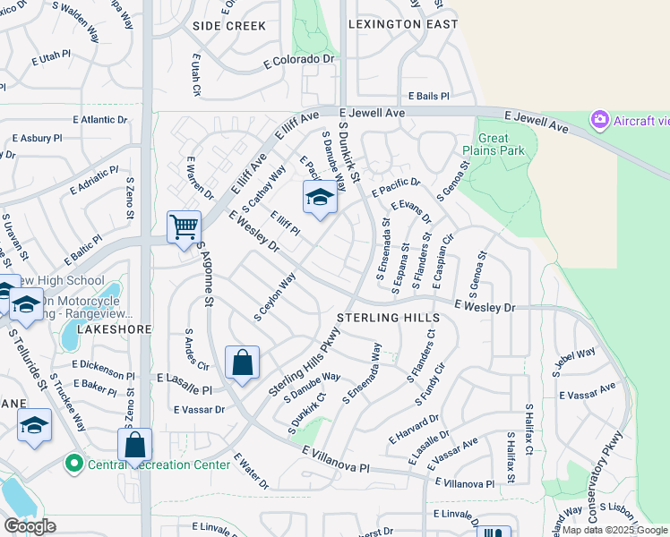 map of restaurants, bars, coffee shops, grocery stores, and more near 19256 East Baltic Place in Aurora