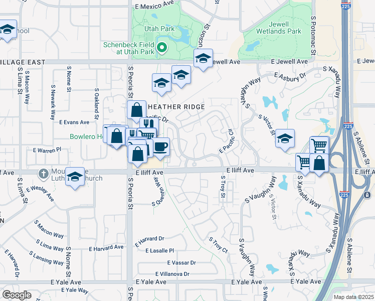 map of restaurants, bars, coffee shops, grocery stores, and more near 12420 East Pacific Circle in Aurora