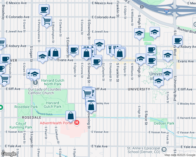 map of restaurants, bars, coffee shops, grocery stores, and more near 2201 South Lafayette Street in Denver
