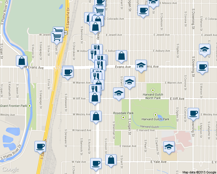 map of restaurants, bars, coffee shops, grocery stores, and more near 2203 South Lincoln Street in Denver
