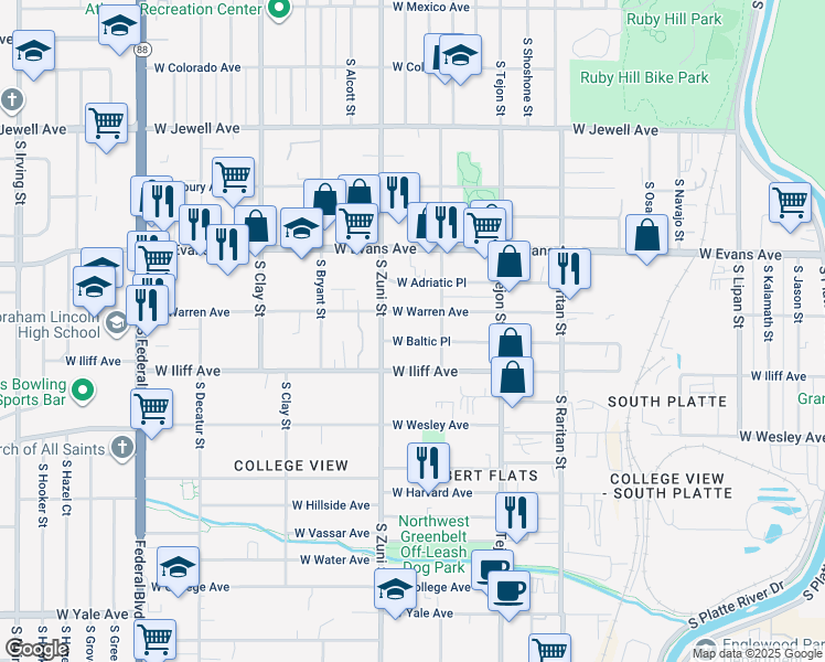 map of restaurants, bars, coffee shops, grocery stores, and more near 2350 West Warren Avenue in Englewood