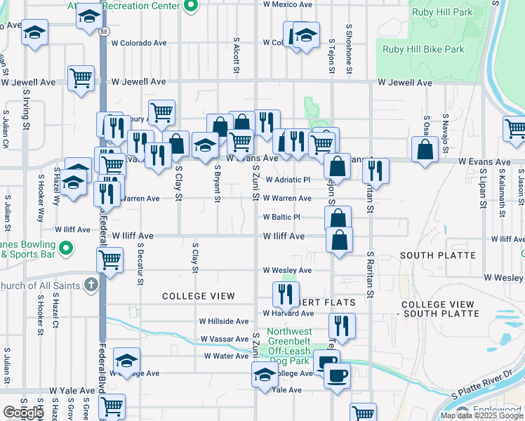 map of restaurants, bars, coffee shops, grocery stores, and more near 2350 West Warren Avenue in Englewood