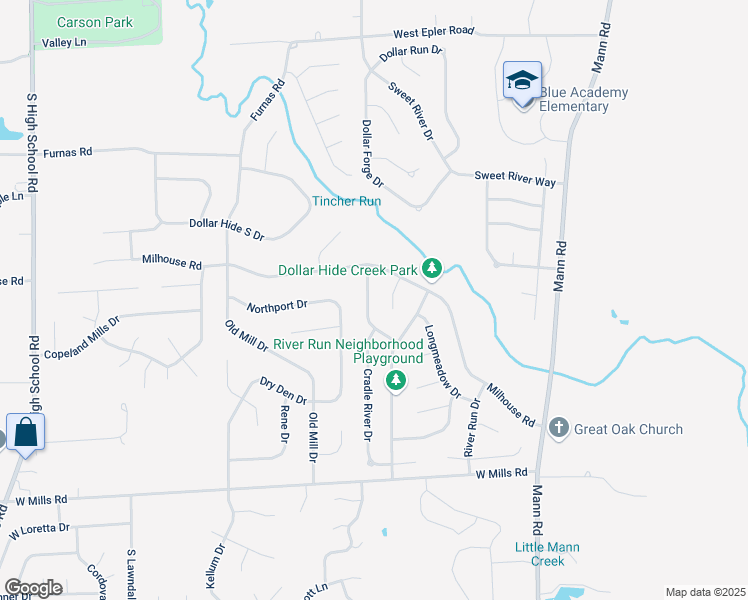 map of restaurants, bars, coffee shops, grocery stores, and more near 6037 Rocky River Drive in Indianapolis