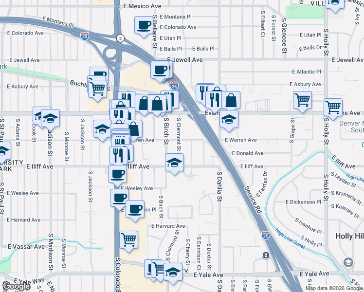 map of restaurants, bars, coffee shops, grocery stores, and more near 2205 South Clermont Street in Denver