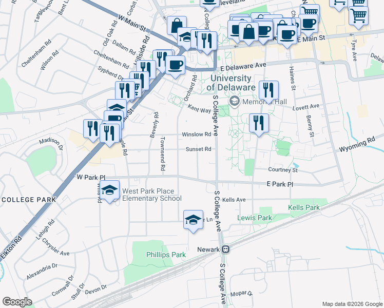 map of restaurants, bars, coffee shops, grocery stores, and more near 54 Sunset Road in Newark
