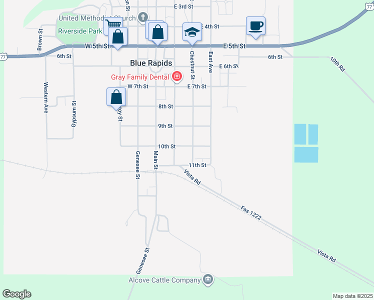 map of restaurants, bars, coffee shops, grocery stores, and more near 210 10th Street in Blue Rapids