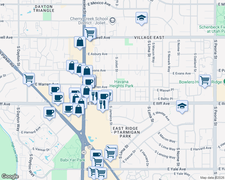 map of restaurants, bars, coffee shops, grocery stores, and more near 10850 East Warren Avenue in Aurora
