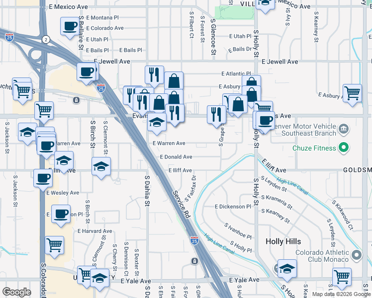 map of restaurants, bars, coffee shops, grocery stores, and more near 5095 East Donald Avenue in Denver