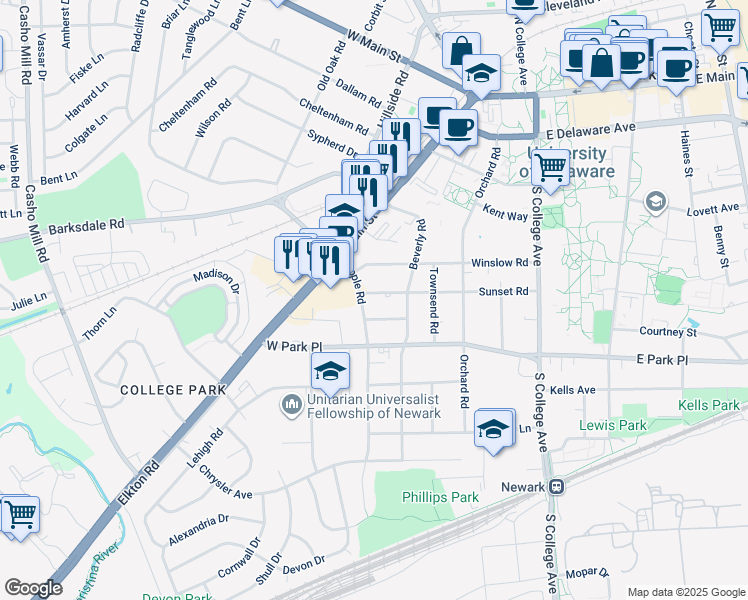 map of restaurants, bars, coffee shops, grocery stores, and more near 207 Sunset Road in Newark