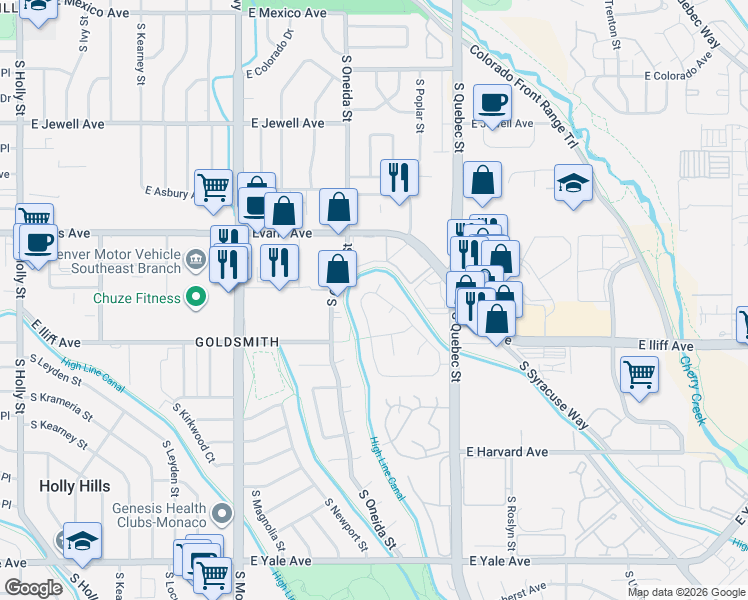 map of restaurants, bars, coffee shops, grocery stores, and more near 7004 E Warren Dr in Denver