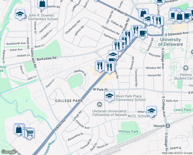 map of restaurants, bars, coffee shops, grocery stores, and more near 264 South Main Street in Newark