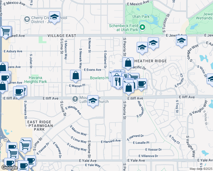 map of restaurants, bars, coffee shops, grocery stores, and more near 2297 South Oswego Way in Aurora