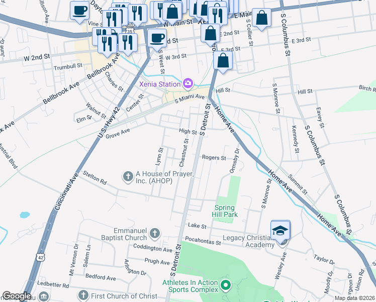 map of restaurants, bars, coffee shops, grocery stores, and more near 632 South Detroit Street in Xenia