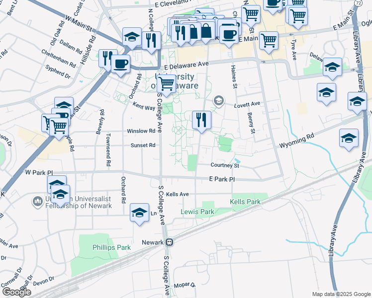 map of restaurants, bars, coffee shops, grocery stores, and more near 273 The Green in Newark