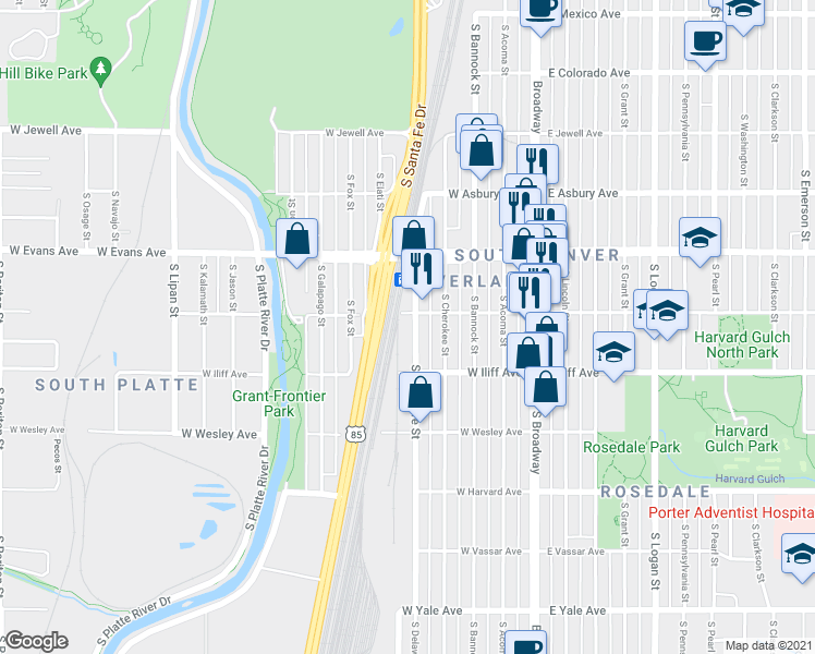 map of restaurants, bars, coffee shops, grocery stores, and more near 2201 S Delaware St in Denver