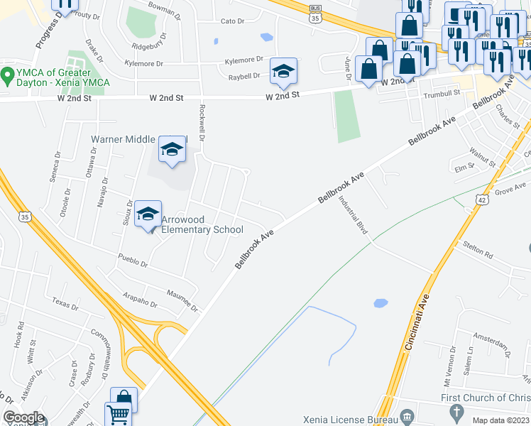 map of restaurants, bars, coffee shops, grocery stores, and more near 1335 Peacepipe Trail in Xenia
