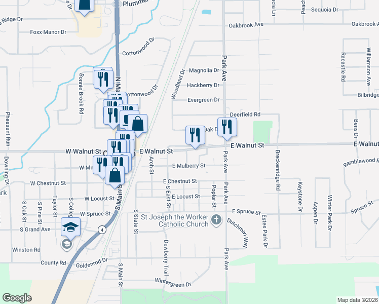 map of restaurants, bars, coffee shops, grocery stores, and more near 600 East Walnut Street in Chatham