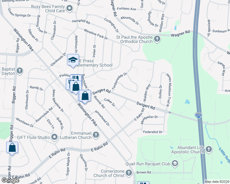 map of restaurants, bars, coffee shops, grocery stores, and more near 3001 Swigart Road in Dayton
