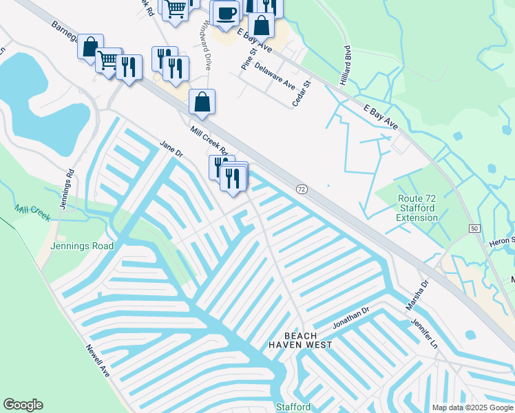 map of restaurants, bars, coffee shops, grocery stores, and more near 876 Mill Creek Road in Stafford Township