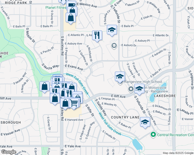 map of restaurants, bars, coffee shops, grocery stores, and more near 17327 East Adriatic Place in Aurora