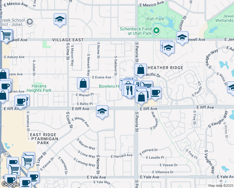 map of restaurants, bars, coffee shops, grocery stores, and more near 2297 South Oswego Way in Aurora