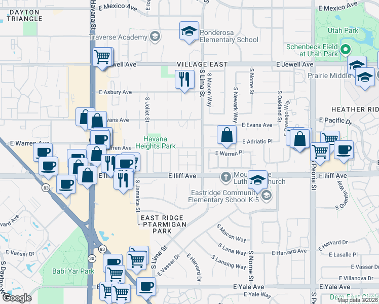 map of restaurants, bars, coffee shops, grocery stores, and more near 11225 East Baltic Place in Aurora