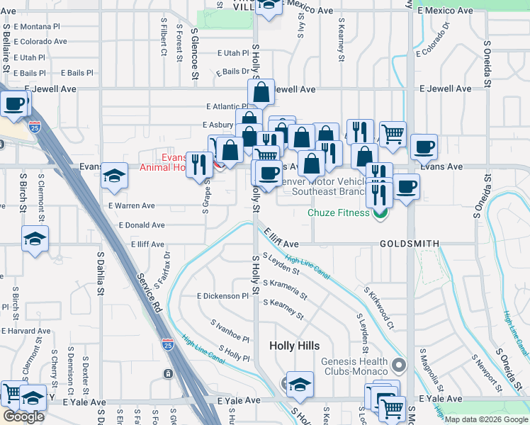 map of restaurants, bars, coffee shops, grocery stores, and more near 2190 South Holly Street in Denver