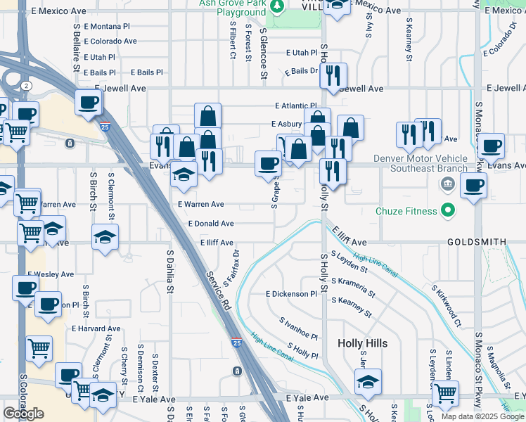 map of restaurants, bars, coffee shops, grocery stores, and more near 71 East Warren Avenue in Denver