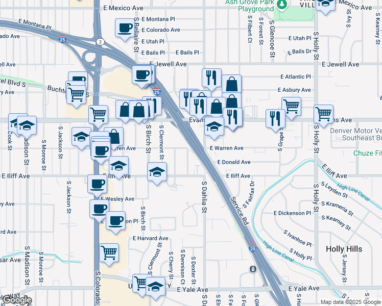 map of restaurants, bars, coffee shops, grocery stores, and more near 2210 South Dexter Street in Denver