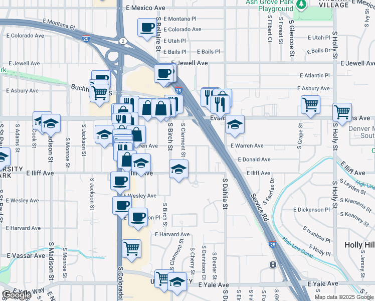 map of restaurants, bars, coffee shops, grocery stores, and more near 2205 South Clermont Street in Denver