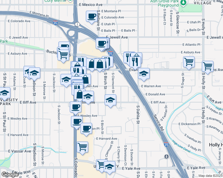 map of restaurants, bars, coffee shops, grocery stores, and more near 2205 South Clermont Street in Denver