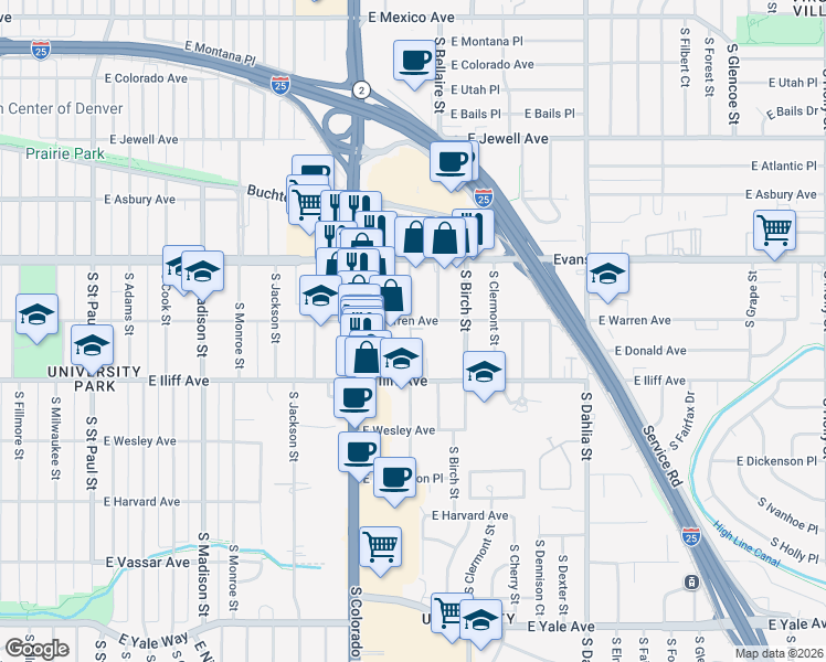 map of restaurants, bars, coffee shops, grocery stores, and more near 4120 East Warren Avenue in Denver