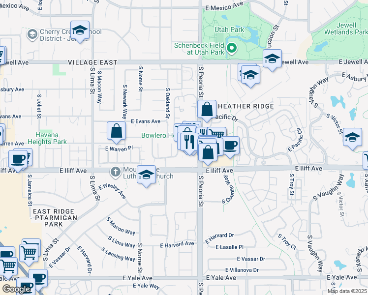 map of restaurants, bars, coffee shops, grocery stores, and more near 2231 South Peoria Street in Aurora
