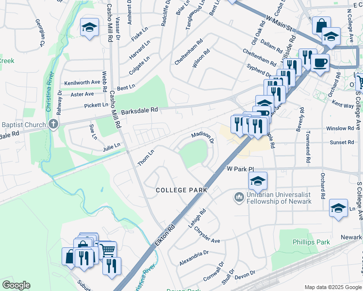 map of restaurants, bars, coffee shops, grocery stores, and more near 191 Madison Drive in Newark