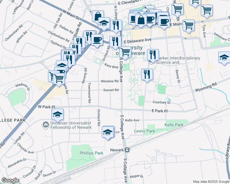 map of restaurants, bars, coffee shops, grocery stores, and more near 19 Sunset Road in Newark