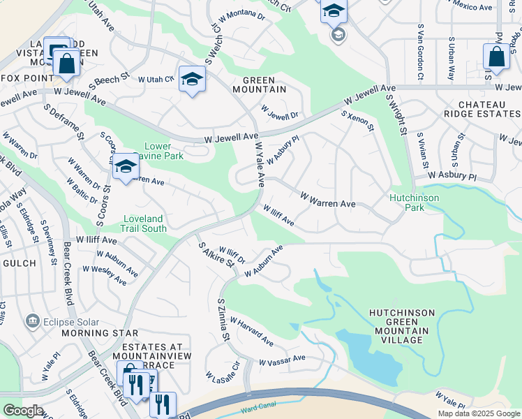 map of restaurants, bars, coffee shops, grocery stores, and more near 13074 West Iliff Avenue in Lakewood