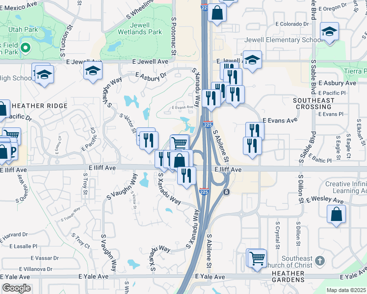 map of restaurants, bars, coffee shops, grocery stores, and more near 2260 South Xanadu Way in Aurora